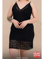 Büyük Beden Çizgili Viskon Askılı Dantelli Sabahlık Gecelik Takım 19239 Lady 19239 Siyah farklı açı