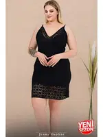 Büyük Beden Çizgili Viskon Askılı Dantelli Sabahlık Gecelik Takım 19239 Lady 19239 Siyah görsel 4