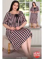 Büyük Beden Çizgili Yakası Kurdelalı Omuzlar Lastikli Tunik Gecelik Lady 8816