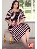 Büyük Beden Çizgili Yakası Kurdelalı Omuzlar Lastikli Tunik Gecelik Lady 8816 detay görünüm