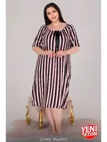 Büyük Beden Çizgili Yakası Kurdelalı Omuzlar Lastikli Tunik Gecelik Lady 8816 farklı açı