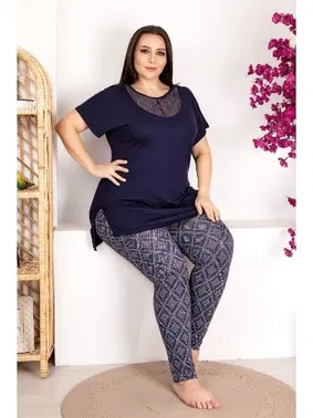 Lady Büyük Beden Dantel Detaylı Yaka Kısa Kollu Pijama Takımı Lady 10973