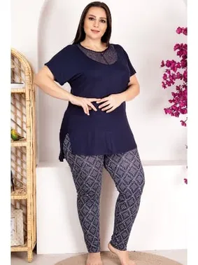 Lady Büyük Beden Dantel Detaylı Yaka Kısa Kollu Pijama Takımı Lady 10973 - Alternatif Görünüm