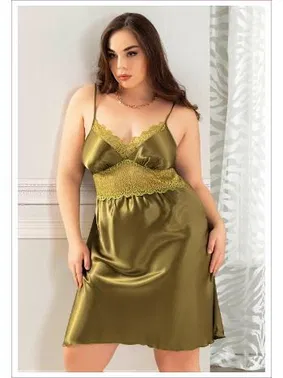 Miss Laris Büyük Beden Dantelli İnce Askılı Yeşil Saten Gecelik Miss Laris 4036