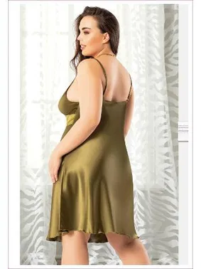 Miss Laris Büyük Beden Dantelli İnce Askılı Yeşil Saten Gecelik Miss Laris 4036 - Alternatif Görünüm