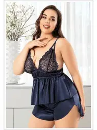 Miss Laris Büyük Beden Dantelli Saten Yırtmaçlı Şort Pijama Takım Miss Laris 4233