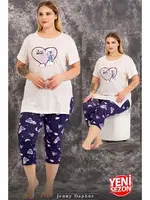 Büyük Beden Desenli Kısa Kollu Kapri Pijama Takımı Lady 10713 Ekru