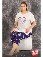 Büyük Beden Desenli Kısa Kollu Kapri Pijama Takımı Lady 10713 Ekru farklı açı