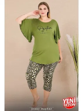 Lady Desenli Geniş Kısa Kollu Büyük Beden Kapri Pijama Takımı Lady 10721