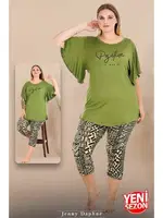 Desenli Geniş Kısa Kollu Büyük Beden Kapri Pijama Takımı Lady 10721 Yeşil detay görünüm