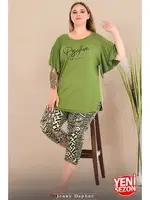 Desenli Geniş Kısa Kollu Büyük Beden Kapri Pijama Takımı Lady 10721 Yeşil farklı açı