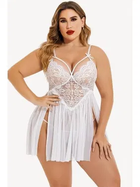 missisX Büyük Beden Göğüs Dekolteli Beyaz Dantel Gecelik Külot Takım missisX 3082