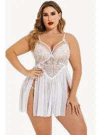 missisX Büyük Beden Göğüs Dekolteli Beyaz Dantel Gecelik Külot Takım missisX 3082