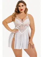 Büyük Beden Göğüs Dekolteli Beyaz Dantel Gecelik Külot Takım missisX 3082 Beyaz