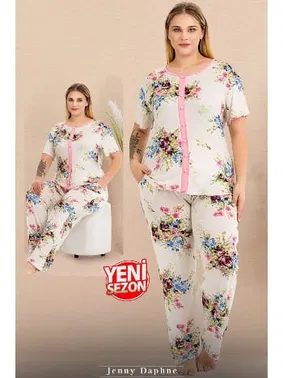 Lady Büyük Beden Gül Desenli Düğmeli Pijama Takımı 11015 Lady 11015