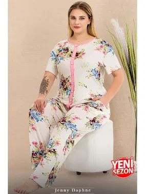 Lady Büyük Beden Gül Desenli Düğmeli Pijama Takımı 11015 Lady 11015 - Alternatif Görünüm