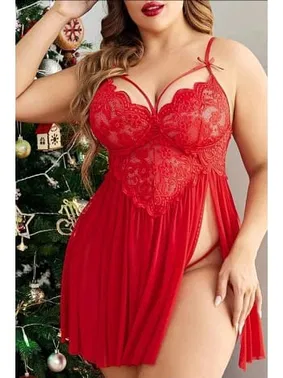 missisX Büyük Beden Kırmızı Göğüs Dekolteli Dantel Gecelik Külot Takım missisX 3082