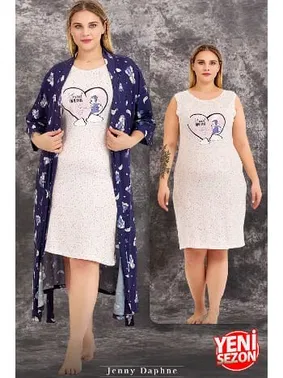 Lady Büyük Beden Lacivert 2li Gecelik ve Sabahlık Takımı Lady 19233