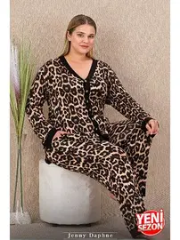 Lady Büyük Beden Leopar Desenli Uzun Kollu Düğmeli Pijama Takımı Lady 11425