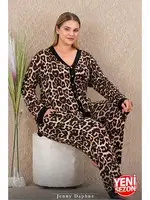 Büyük Beden Leopar Desenli Uzun Kollu Düğmeli Pijama Takımı Lady 11425 Siyah