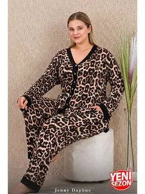Lady Büyük Beden Leopar Desenli Uzun Kollu Düğmeli Pijama Takımı Lady 11425 - Alternatif Görünüm