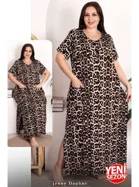 Lady Büyük Beden Leopar Desenli Yırtmaçlı Cepli Kısa Kollu Elbise Lady 7251