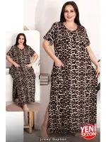 Büyük Beden Leopar Desenli Yırtmaçlı Cepli Kısa Kollu Elbise Lady 7251 Siyah