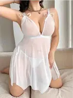 Büyük Beden Omuzları Fiyonklu Transparan Seksi Kadın Fantezi Gecelik Lily Bianca 5083 Beyaz