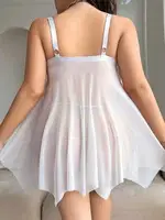 Büyük Beden Omuzları Fiyonklu Transparan Seksi Kadın Fantezi Gecelik Lily Bianca 5083 Beyaz detay görünüm