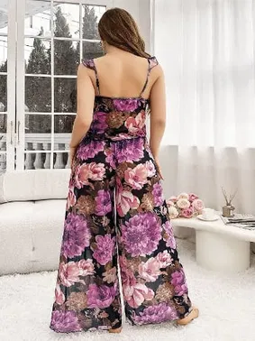 Pink Night Büyük Beden Pembe Çiçek Desenli Bluz Pantolon Takım Pink Night 6958 - Alternatif Görünüm