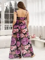 Büyük Beden Pembe Çiçek Desenli Bluz Pantolon Takım Pink Night 6958 Pembe detay görünüm