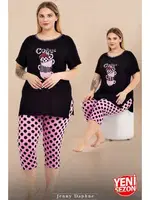 Büyük Beden Puantiyeli Kısa Kollu Kapri Pijama Takımı Lady 10723 Siyah