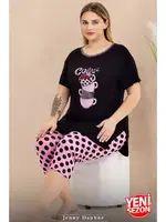 Büyük Beden Puantiyeli Kısa Kollu Kapri Pijama Takımı Lady 10723 Siyah farklı açı