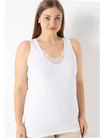 Büyük Beden Ribana Geniş Askılı Dantel Yakalı Kadın Atlet  Öztaş 2012-A Beyaz