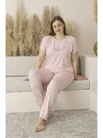 Büyük Beden Yazlık Puantiyeli Kısa Kollu Viskon Kadın Pijama Takımı Estiva 25139 Pembe görsel 5