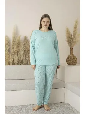 Estiva Büyük Beden Yazlık Puantiyeli Uzun Kollu Viskon Kadın Pijama Takımı Estiva 25145