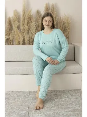 Estiva Büyük Beden Yazlık Puantiyeli Uzun Kollu Viskon Kadın Pijama Takımı Estiva 25145 - Alternatif Görünüm