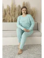 Büyük Beden Yazlık Puantiyeli Uzun Kollu Viskon Kadın Pijama Takımı Estiva 25145 Yeşil detay görünüm
