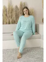 Büyük Beden Yazlık Puantiyeli Uzun Kollu Viskon Kadın Pijama Takımı Estiva 25145 Yeşil farklı açı