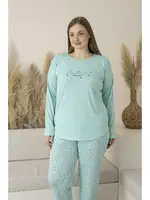 Büyük Beden Yazlık Puantiyeli Uzun Kollu Viskon Kadın Pijama Takımı Estiva 25145 Yeşil görsel 5