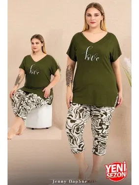 Lady Büyük Beden Yeşil Desenli Kısa Kollu Kapri Pijama Takımı Lady 10715