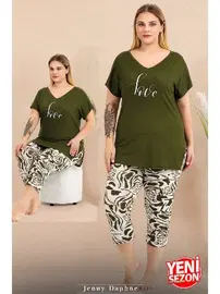 Lady Büyük Beden Yeşil Desenli Kısa Kollu Kapri Pijama Takımı Lady 10715