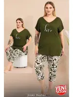 Büyük Beden Yeşil Desenli Kısa Kollu Kapri Pijama Takımı Lady 10715 Yeşil