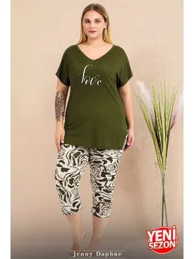Lady Büyük Beden Yeşil Desenli Kısa Kollu Kapri Pijama Takımı Lady 10715 - Alternatif Görünüm