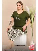 Büyük Beden Yeşil Desenli Kısa Kollu Kapri Pijama Takımı Lady 10715 Yeşil farklı açı