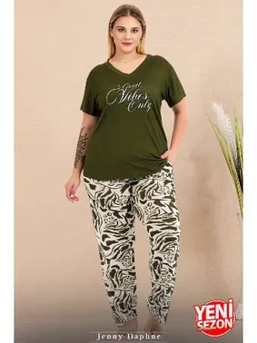 Lady Büyük Beden Yeşil V Yaka Pijama Takımı Lady 10999 - Alternatif Görünüm