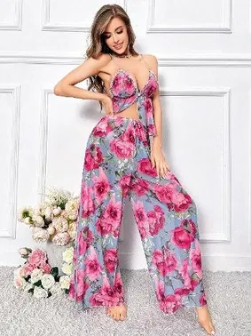 Pink Night Büyük Çiçekli Geniş Pantalon İnce Askılı Pijama Takımı Pink Night 1457