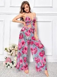 Pink Night Büyük Çiçekli Geniş Pantalon İnce Askılı Pijama Takımı Pink Night 1457