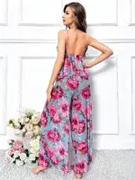 Büyük Çiçekli Geniş Pantalon İnce Askılı Pijama Takımı Pink Night 1457 Mavi farklı açı