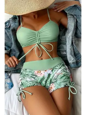 Angelsin Büzgü Ayarlı Baskılı Bikini Takımı Angelsin MS 4388 Yeşil